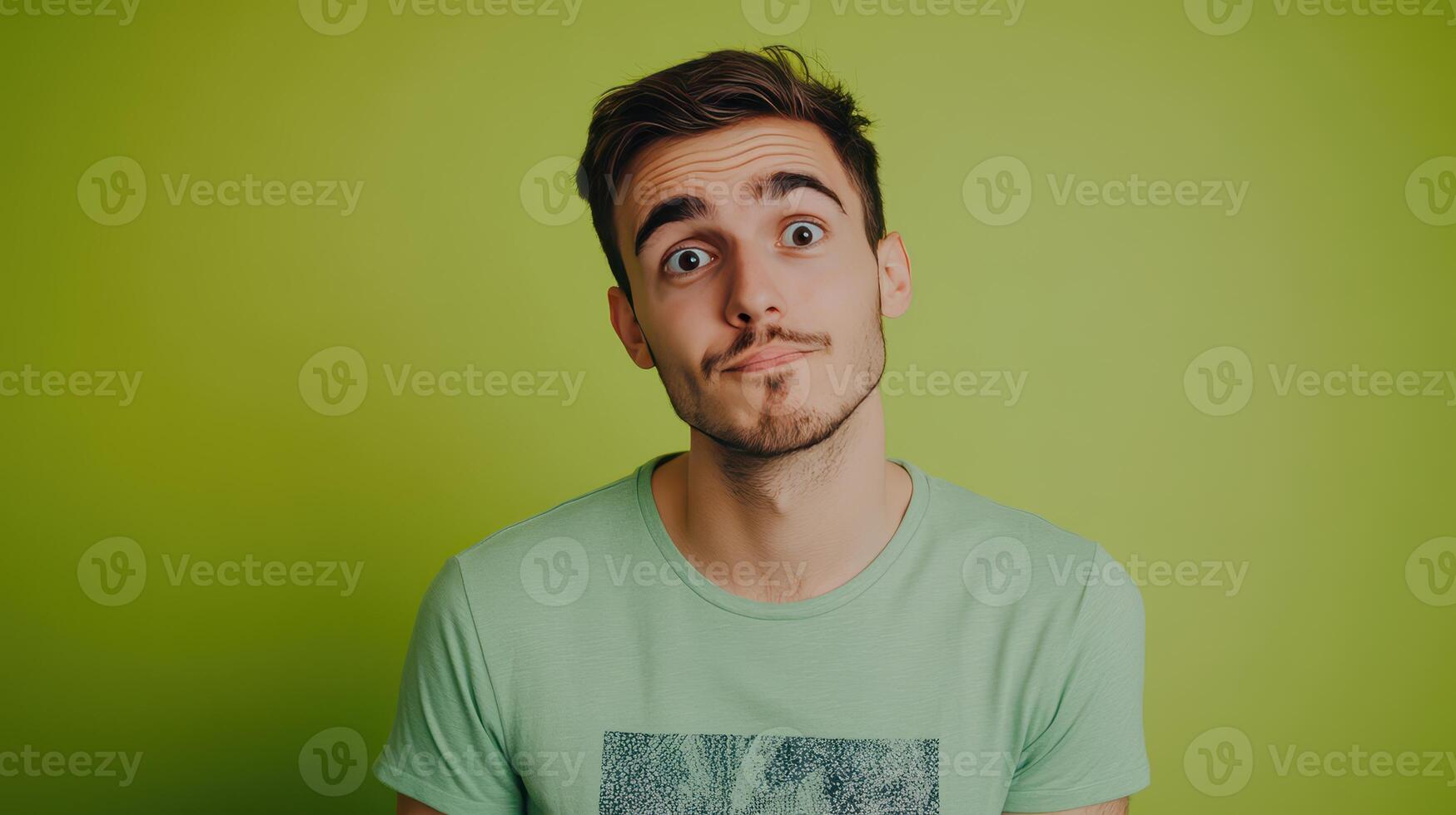 Young man with a playful expression standing against a bright green wall, showcasing a casual style in soft natural light photo