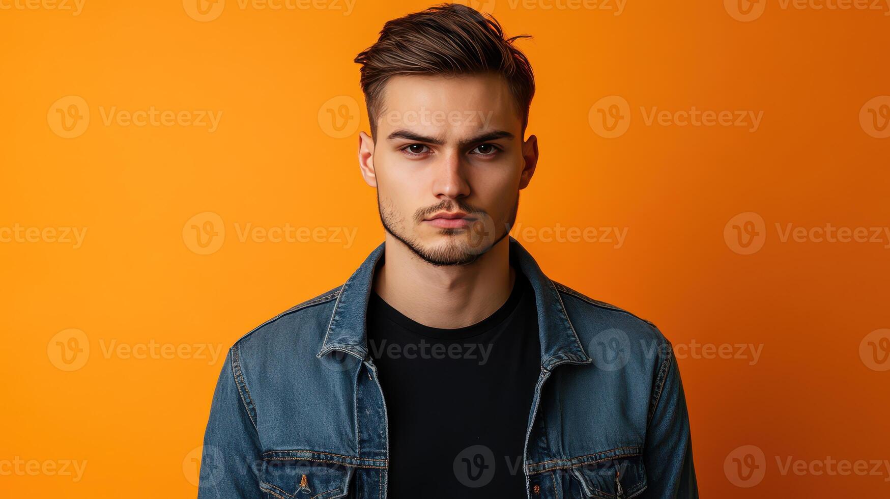 Young man posing against a vibrant orange background wearing a denim jacket and black shirt photo