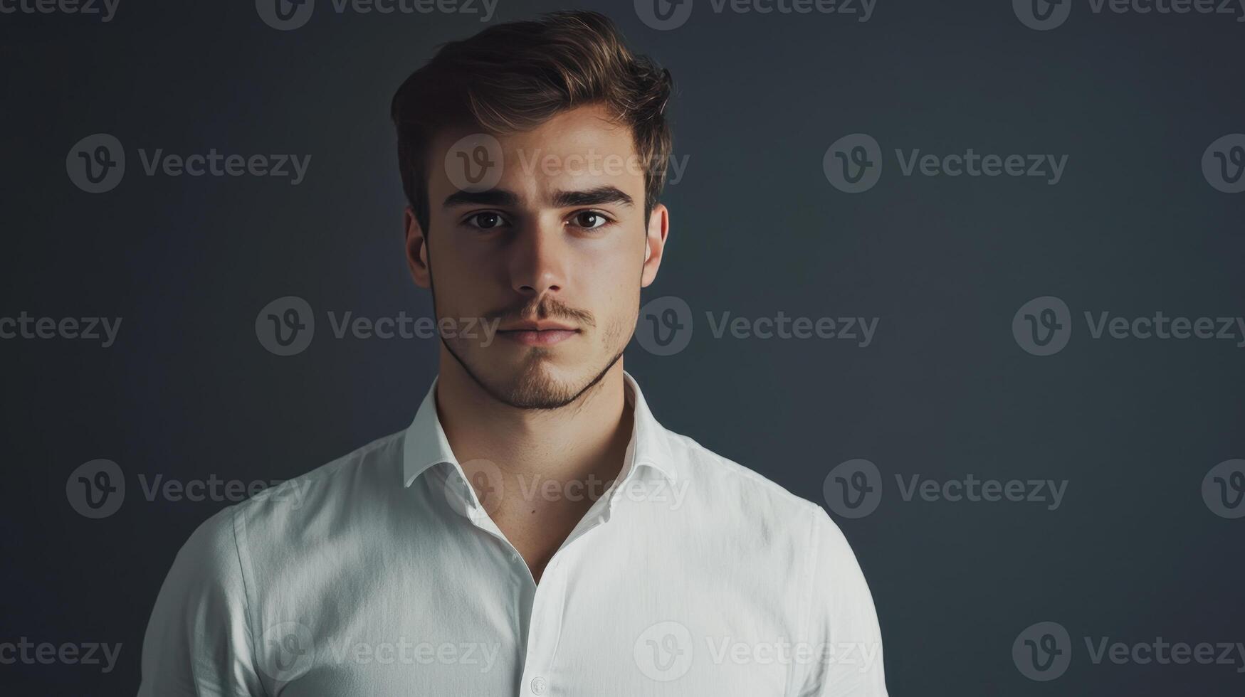 Young man in a white shirt poses against a dark wall, showcasing a serious expression and stylish appearance photo