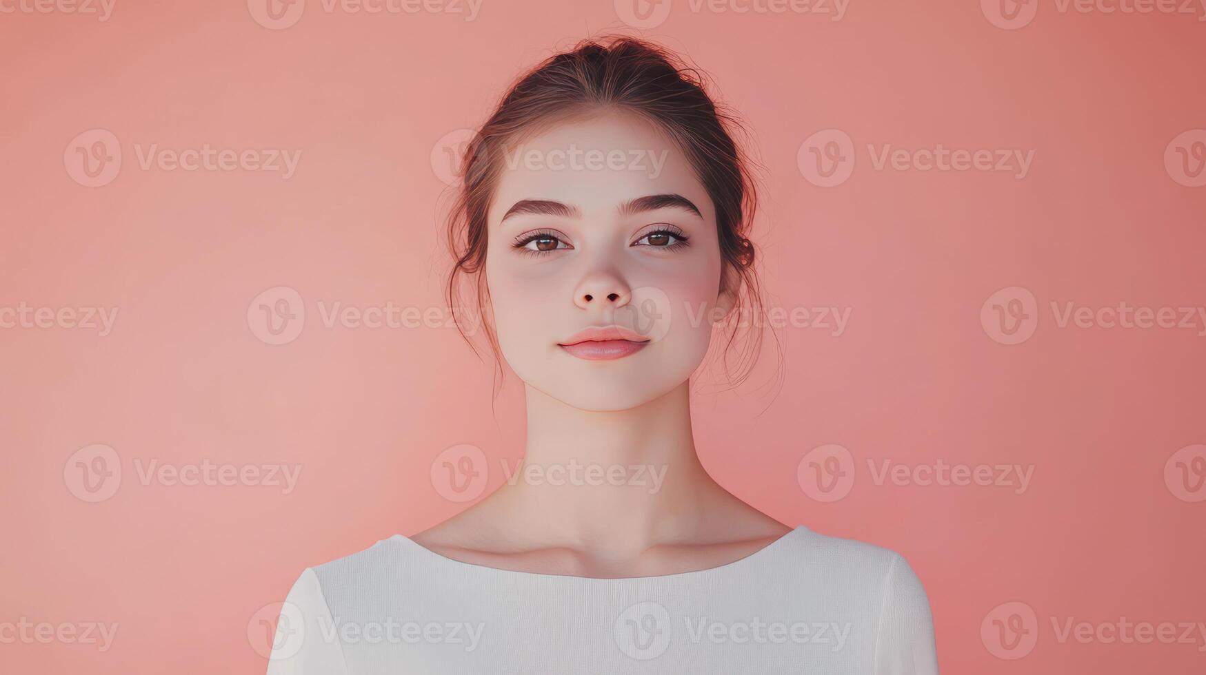 Young woman with a serene expression in front of a pink background during daylight photo
