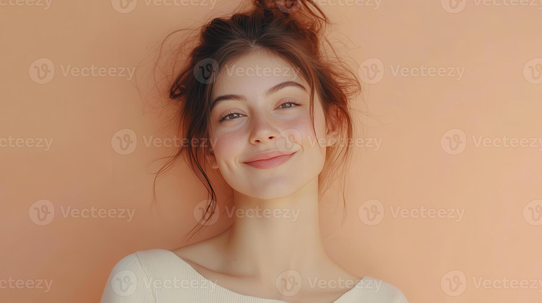 A young woman smiles warmly against a soft peach-colored background in a cozy sweater during daylight photo