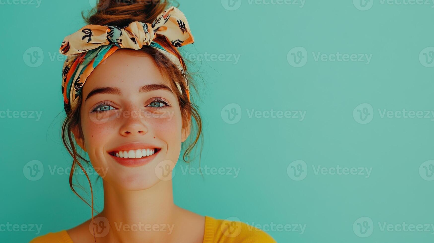 Young woman smiling cheerfully with a colorful headband against a turquoise background during daylight photo