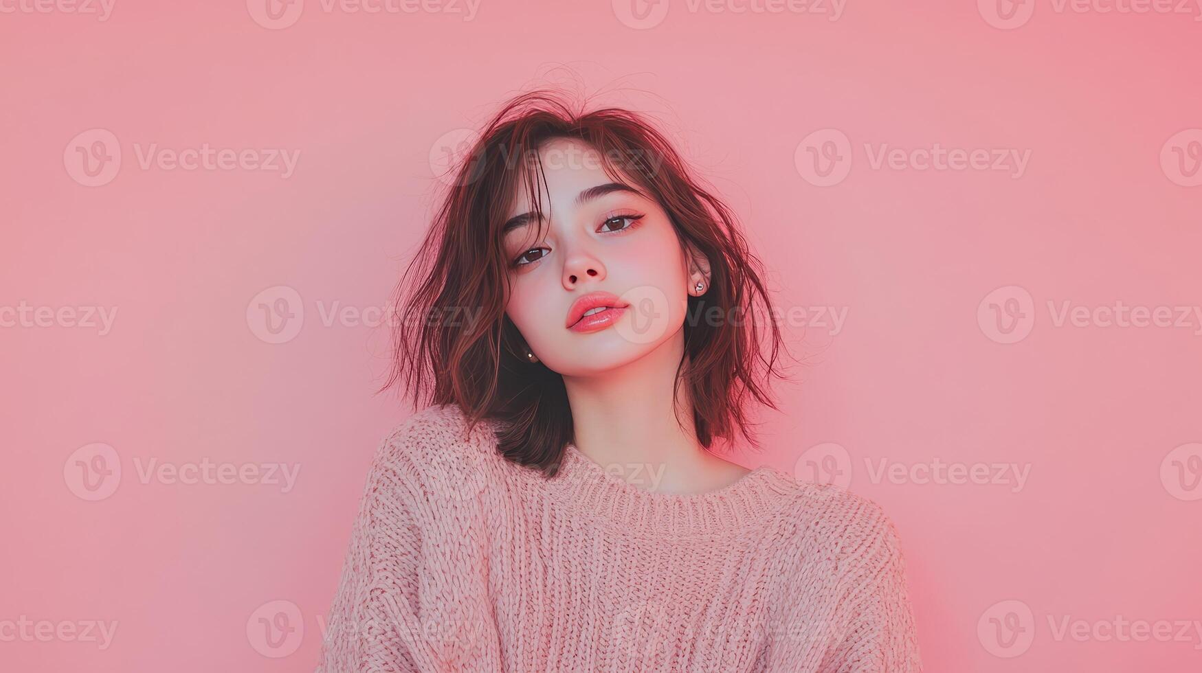 Young woman with soft features poses against a pink background wearing a cozy sweater during daylight photo