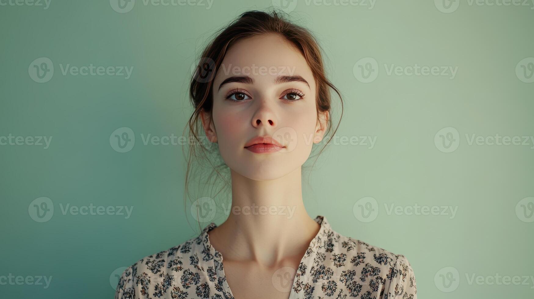Young woman with natural makeup poses in front of a soft green wall, showcasing a serene expression photo