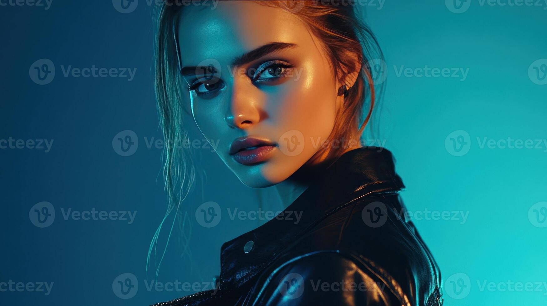 Young woman in a leather jacket poses against a blue and green background during a creative photoshoot photo