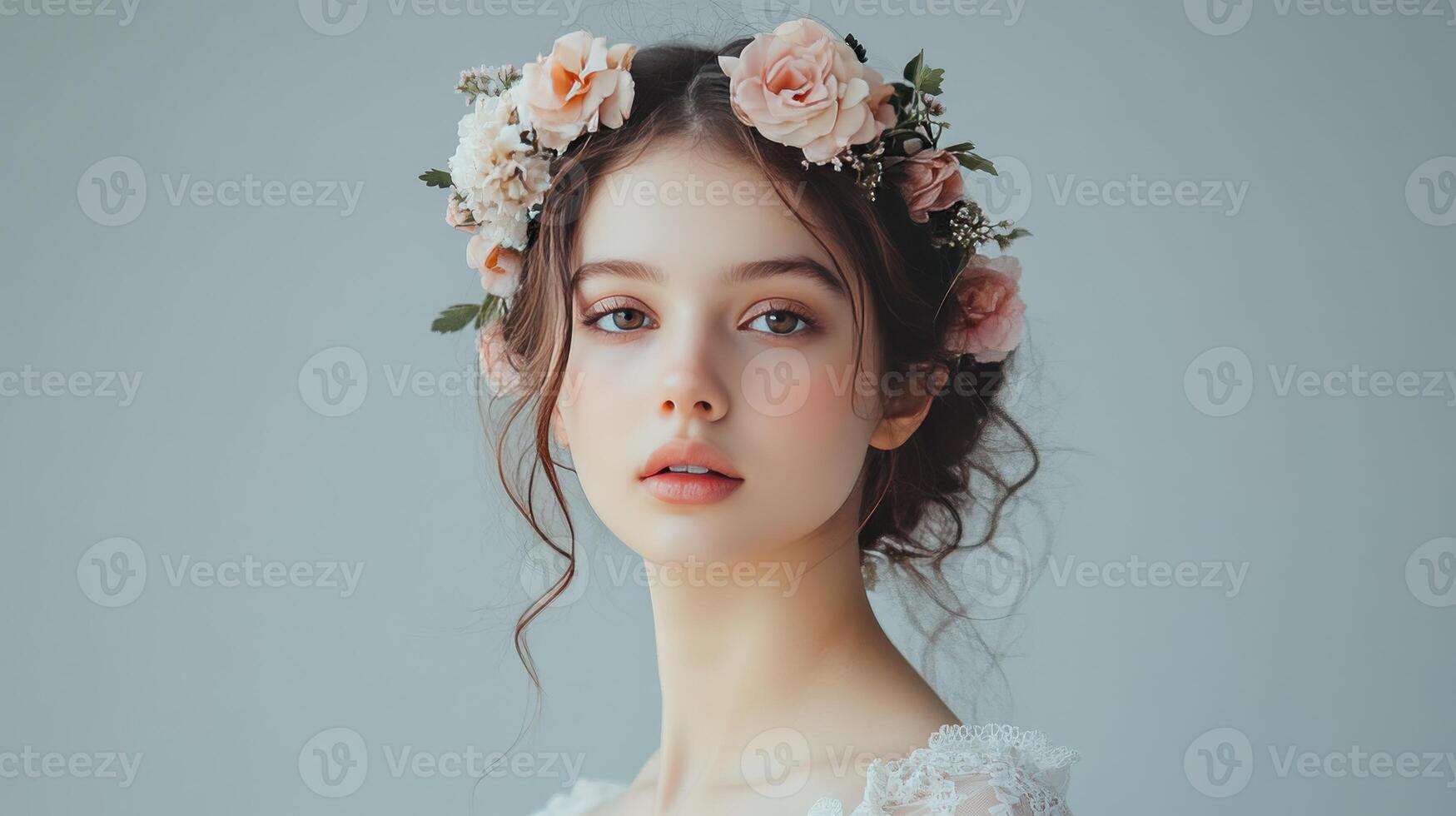 Young woman with floral crown posing gracefully against a neutral background in soft natural light photo