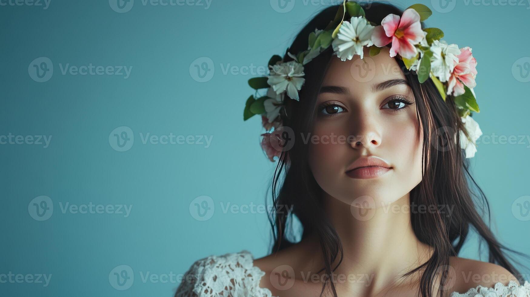 Young woman with a floral crown poses against a blue background in soft light, showcasing a serene expression and delicate features photo