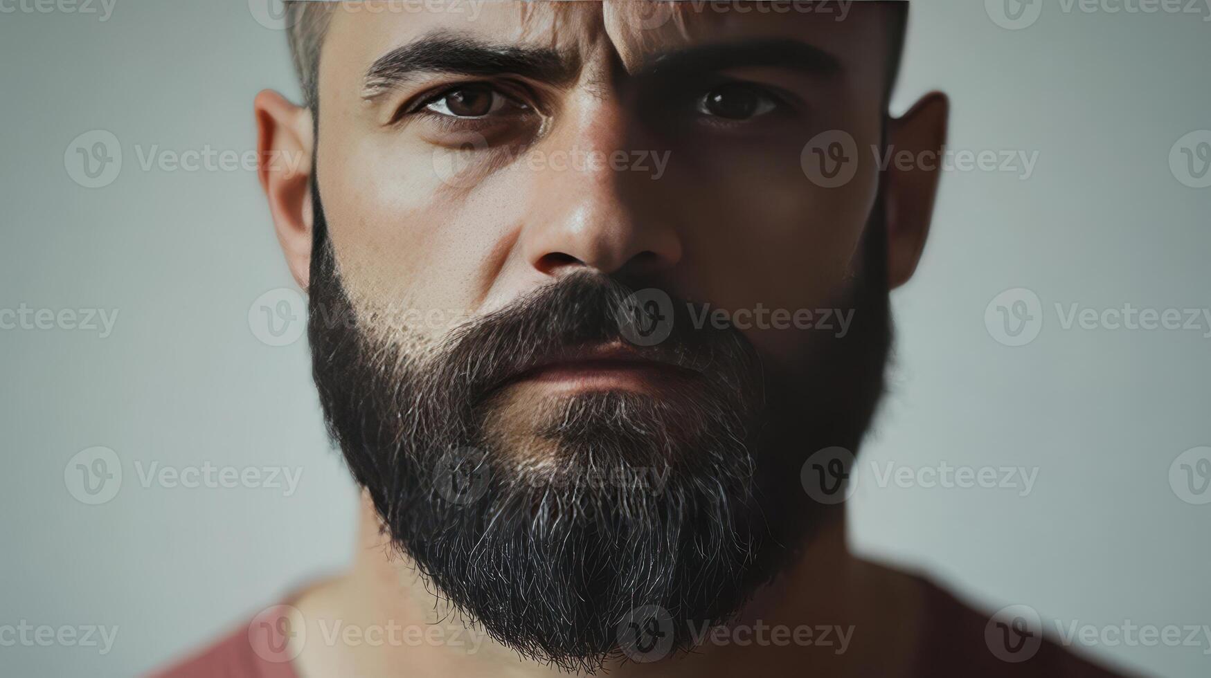 A close-up portrait of a man with a thick beard, neutral expression, and intense gaze, set against a simple background photo