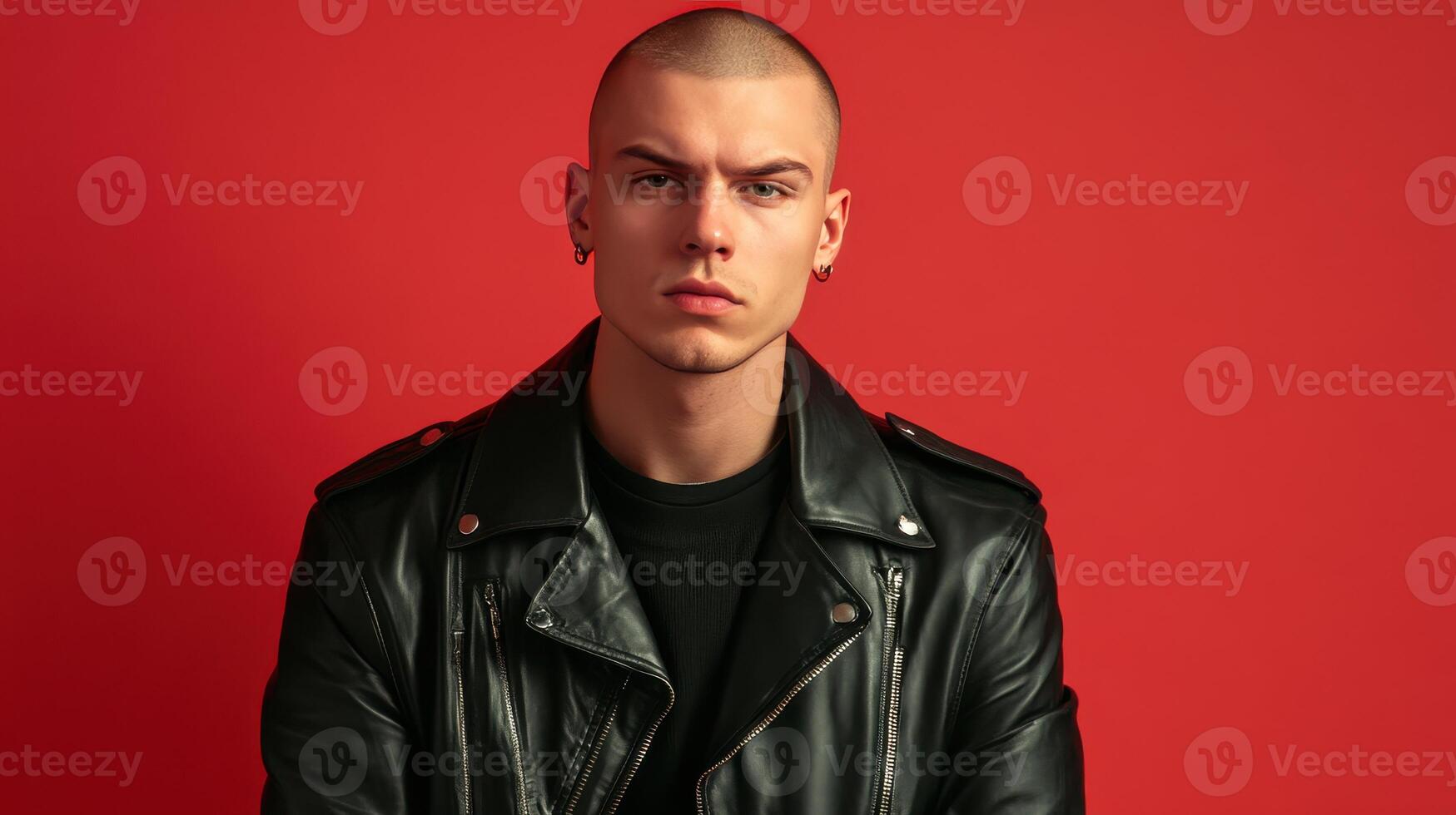 Young man in a black leather jacket poses against a vibrant red background, showcasing a confident expression photo