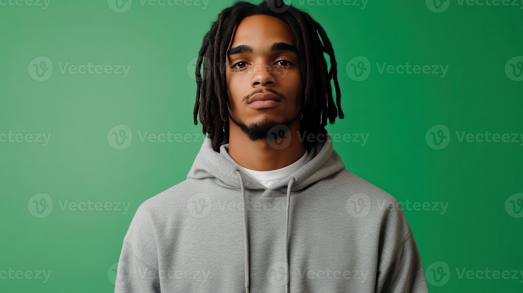 Young man with dreadlocks stands against a vibrant green background in casual attire, showcasing a relaxed expression in a contemporary setting photo