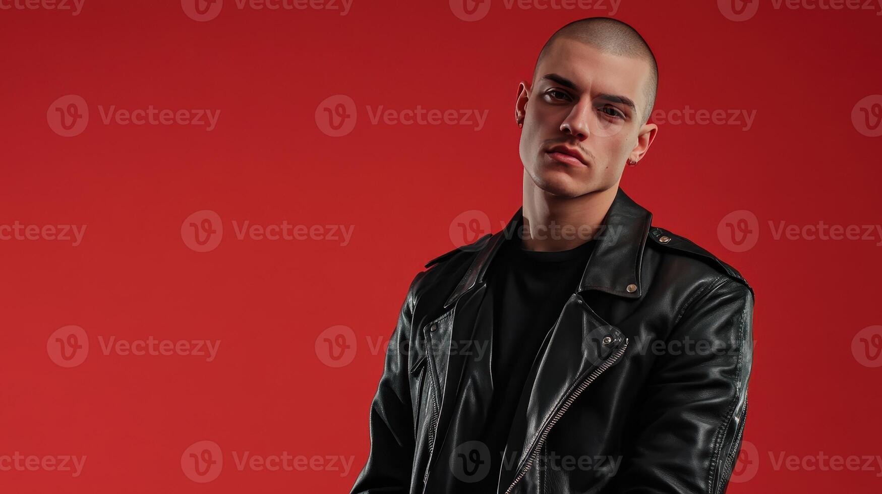 Young man in a leather jacket poses against a vibrant red background in a stylish urban setting photo