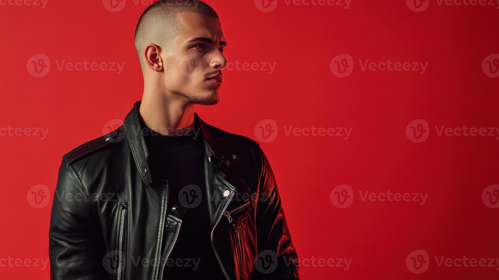 Young man in a black leather jacket poses against a bold red background while showcasing a confident expression photo
