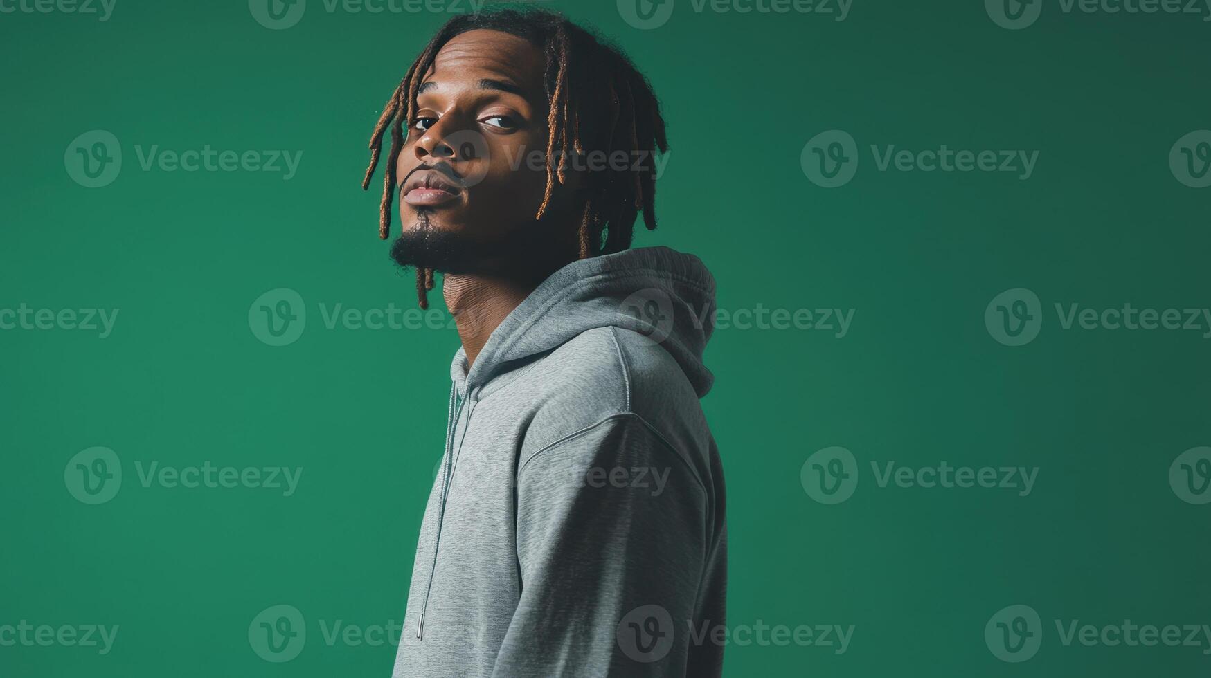 Young man with dreadlocks posing against a green background in casual attire during indoor photoshoot photo