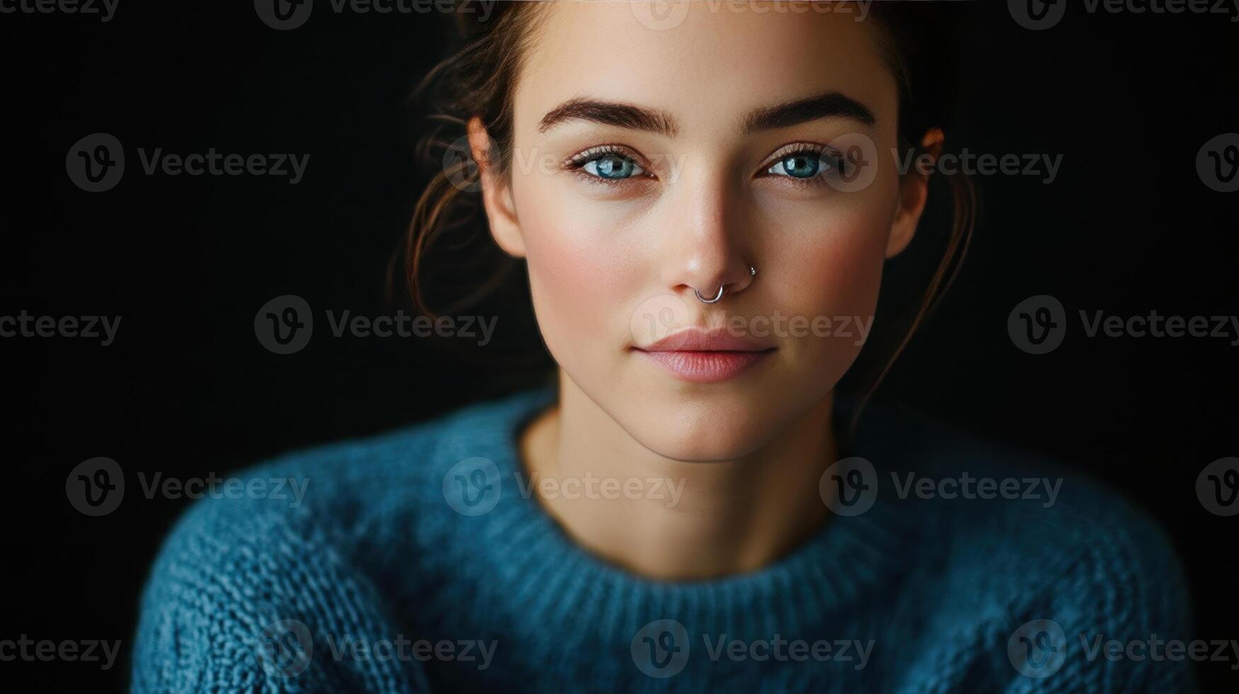 Young woman with blue eyes and a septum piercing wearing a cozy sweater during a close-up portrait session indoors photo