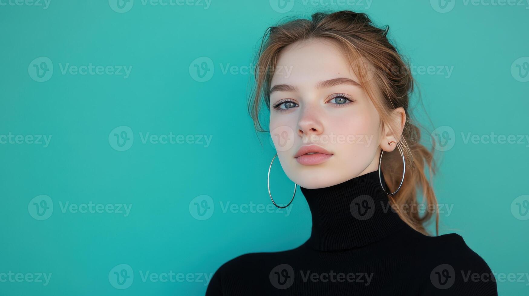 Young woman with hoop earrings poses against a turquoise background in natural light, showcasing a classic style photo