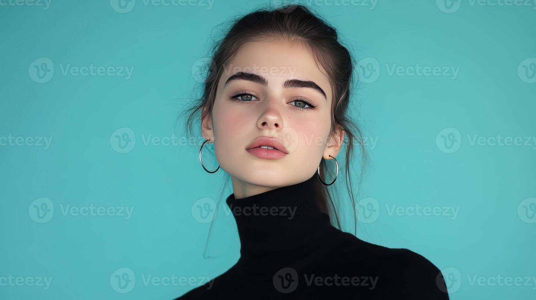 Young woman with long hair wears a black turtleneck and large earrings against a bright turquoise background photo