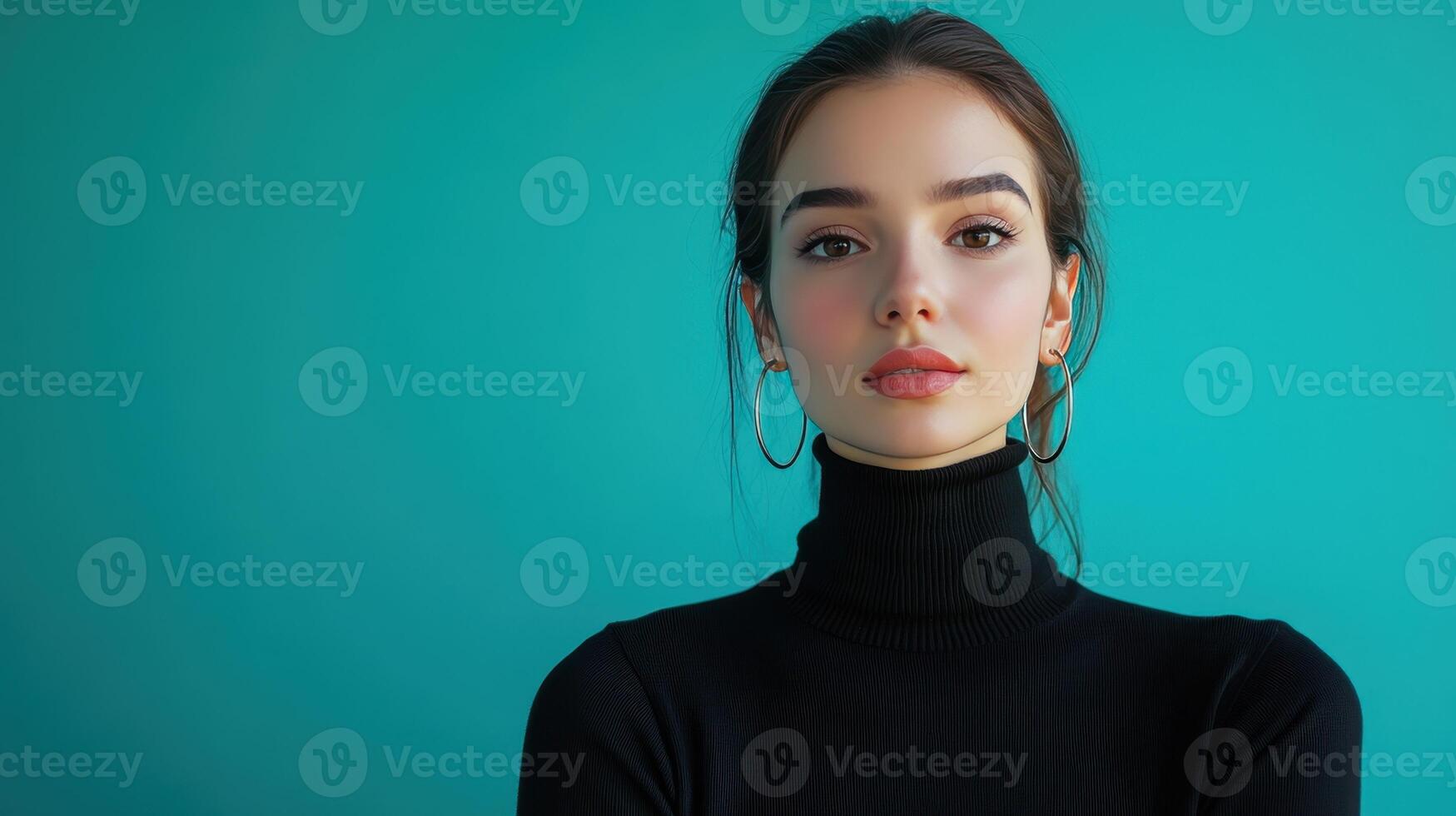 Portrait of a young woman with a modern hairstyle wearing a black turtleneck against a turquoise background, captured in bright lighting photo