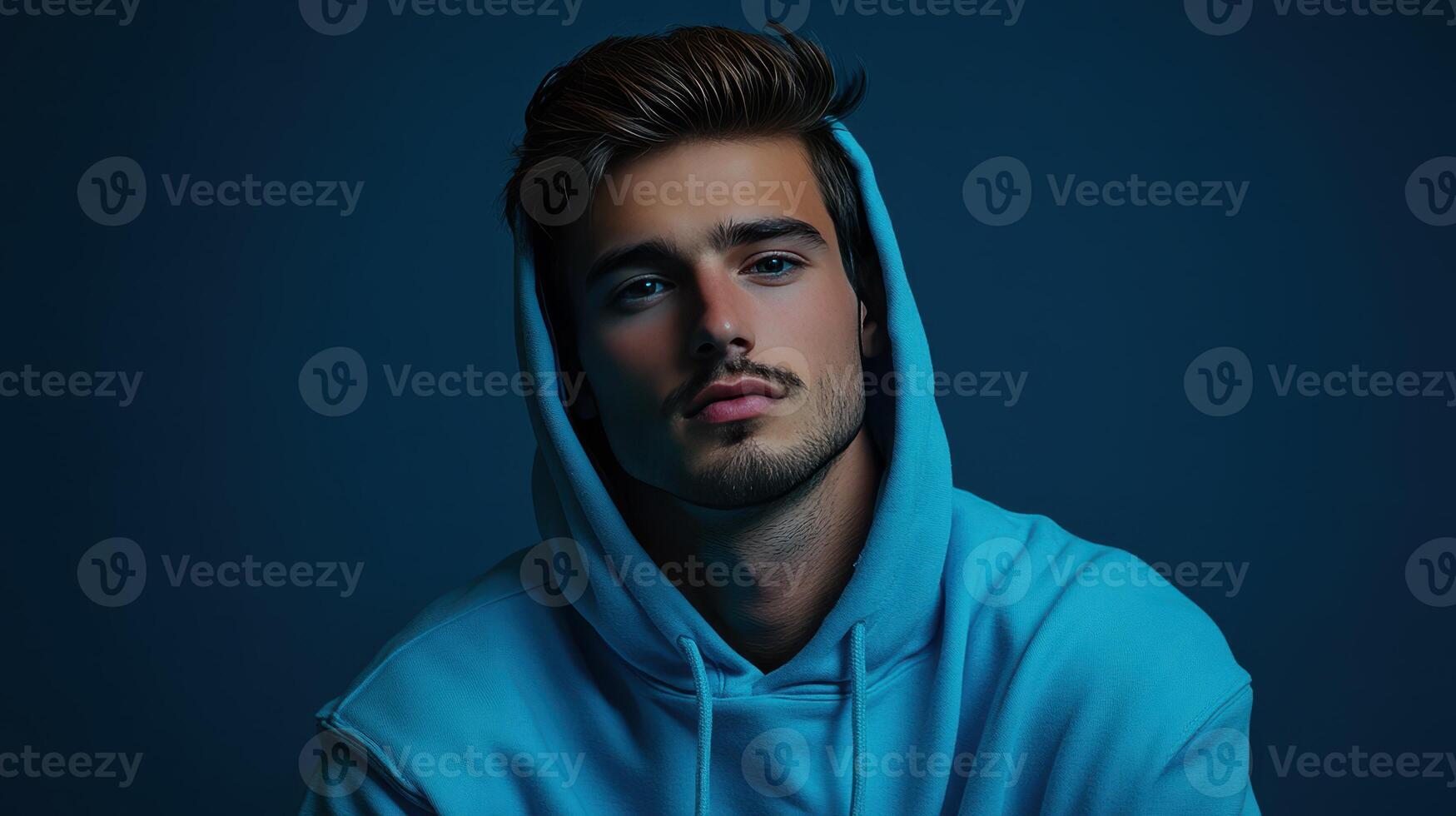 Young man in a blue hoodie poses thoughtfully against a dark background, showcasing a contemplative expression in a studio setting photo