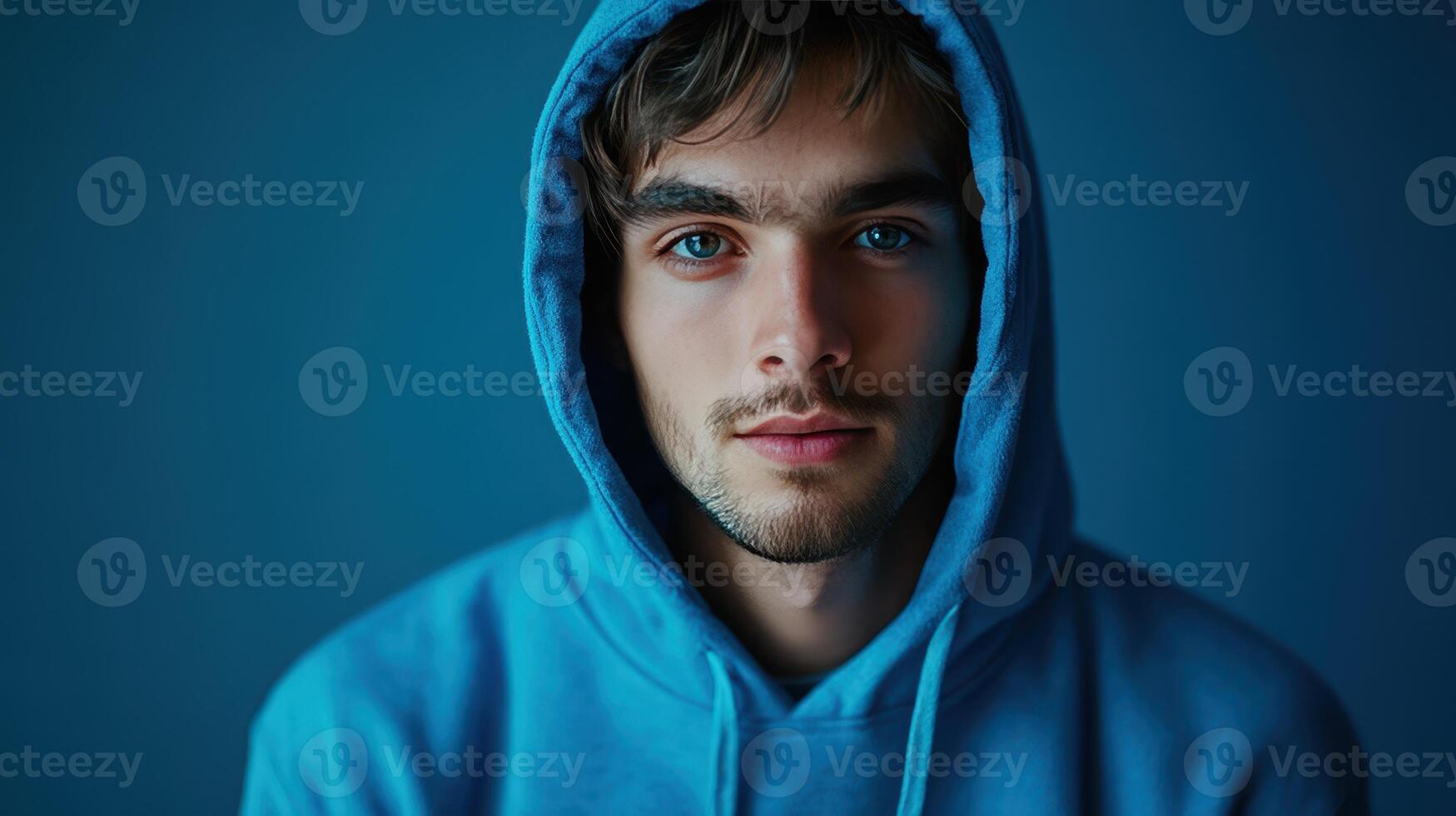 Young man wearing a blue hoodie with a serious expression, illuminated by soft lighting against a dark blue background photo