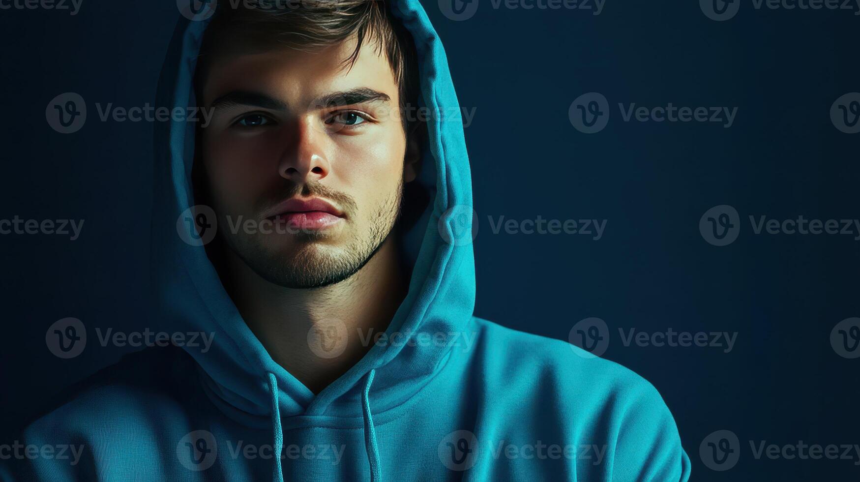 Young man in a blue hoodie poses against a dark background, showcasing a contemplative expression in low light photo