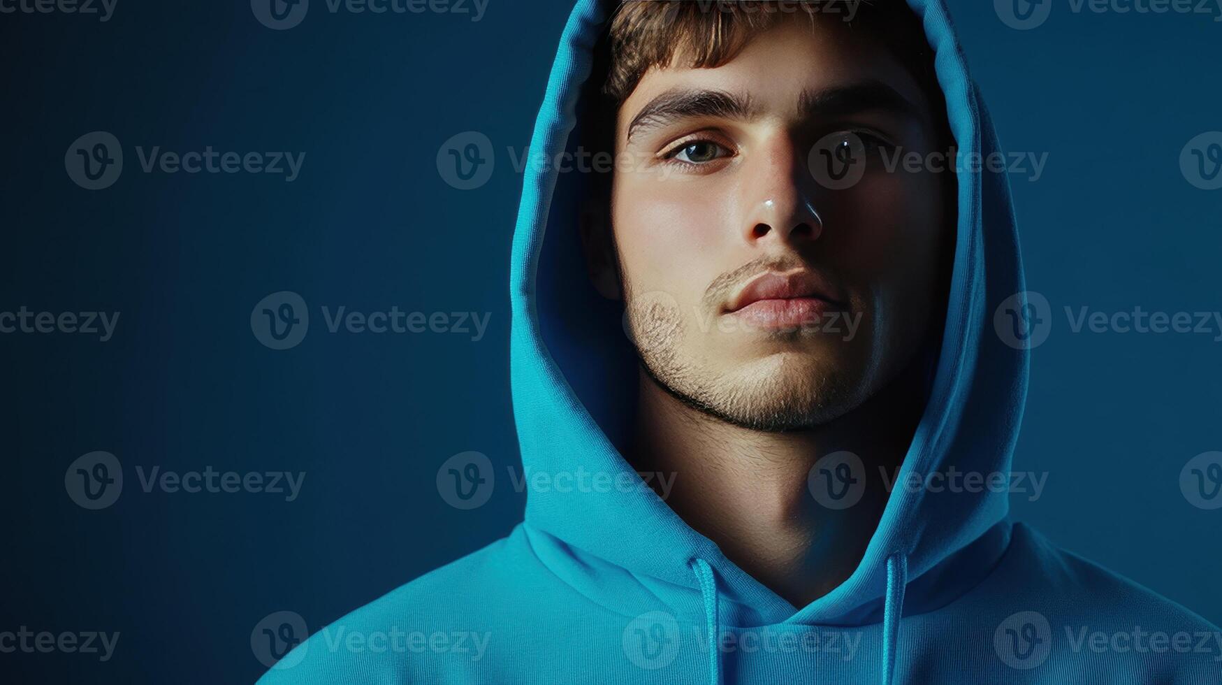Young man in a blue hoodie poses against a dark blue background, highlighting his serious expression during a studio shoot photo
