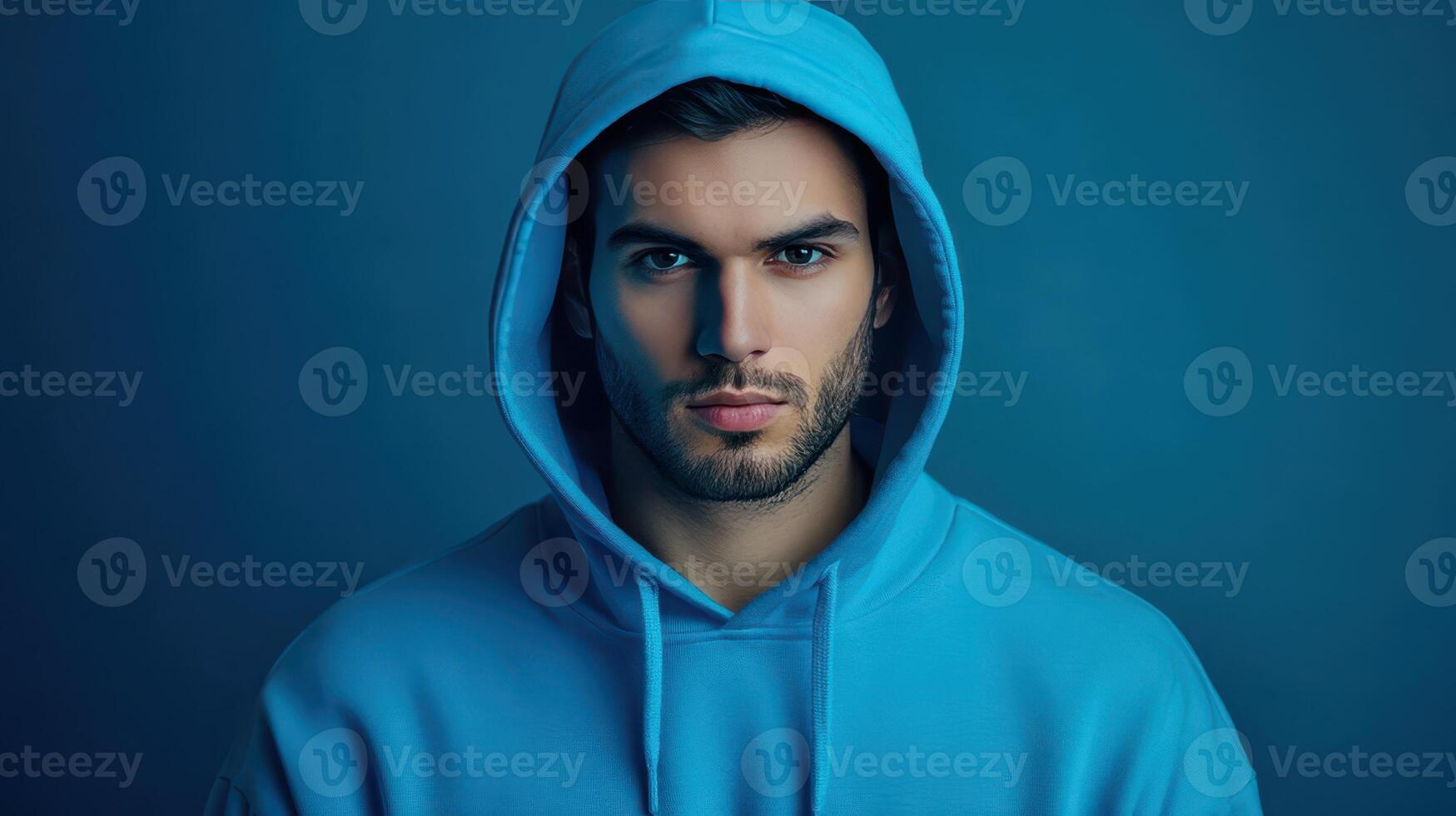 Young man wearing a blue hoodie against a dark background, captured in a confident pose, highlighting his features in soft blue lighting photo