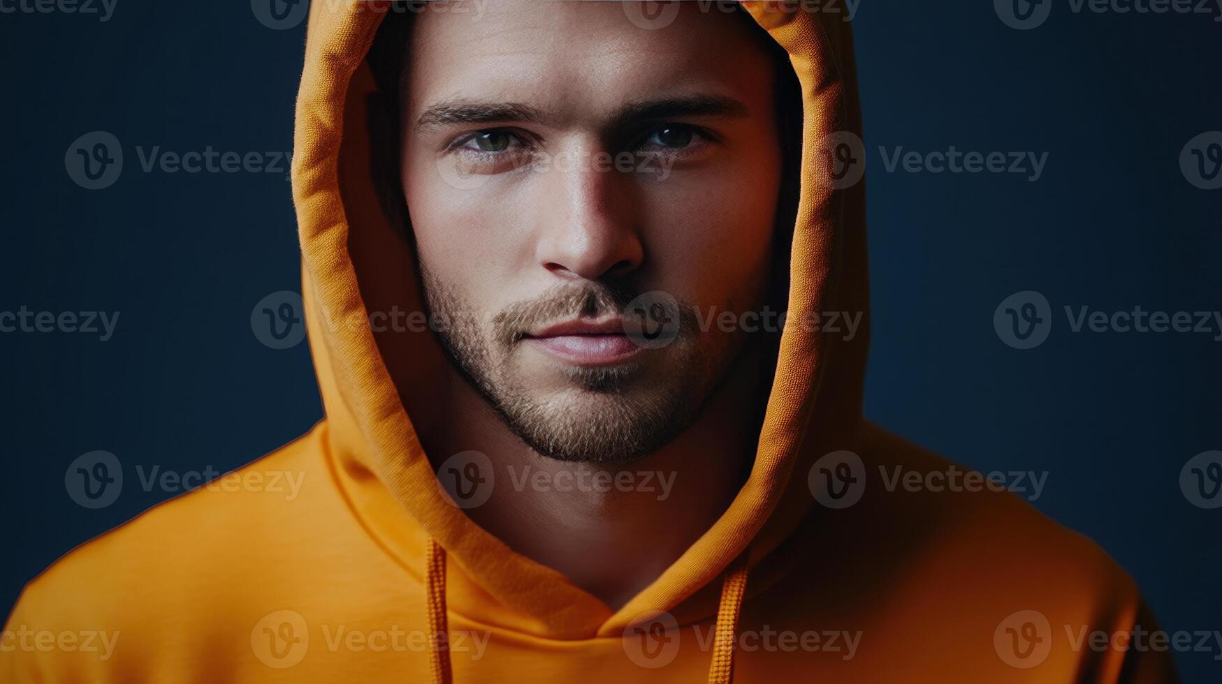 Young man in a bright orange hoodie poses confidently against a dark background in a studio setting early in the evening photo