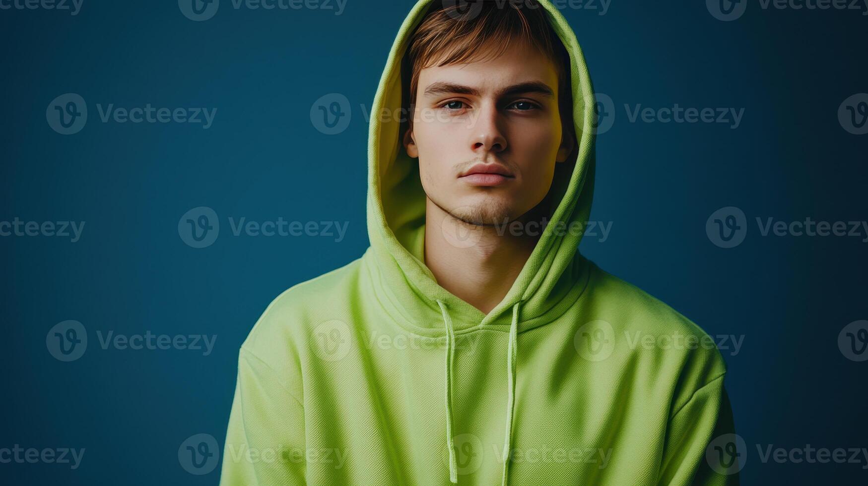 Young man in a bright green hoodie poses against a dark blue background in a studio setting photo