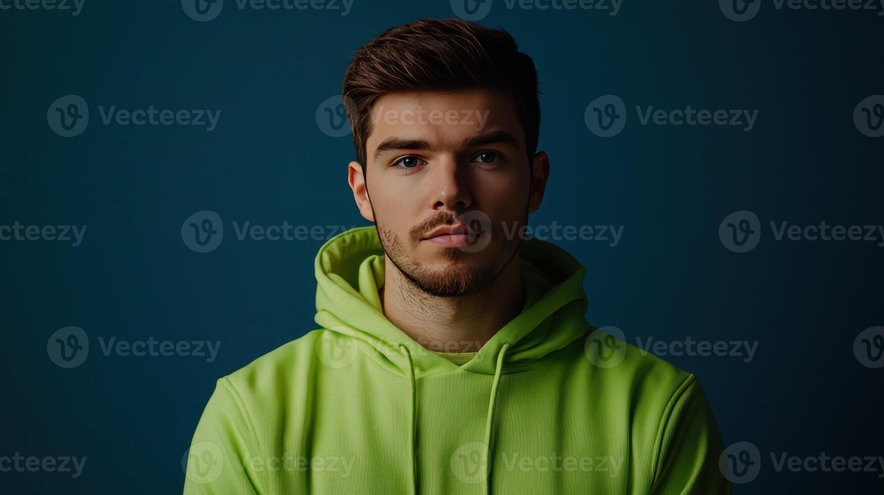 Young man wearing a bright green hoodie, standing against a dark blue background, during a studio portrait session in the evening photo
