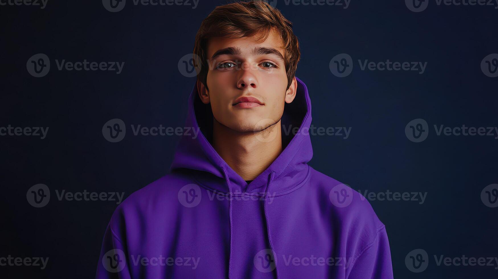 Young man wearing a purple hoodie against a dark background with a serious expression photo