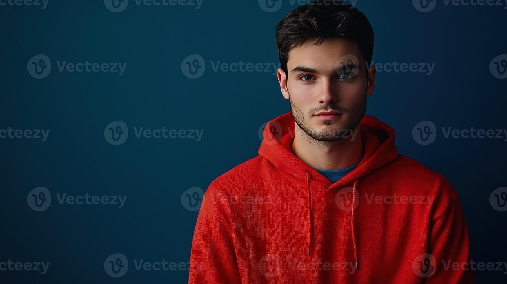 Young man wearing a red hoodie with a neutral expression poses against a blue background in a well-lit indoor setting photo