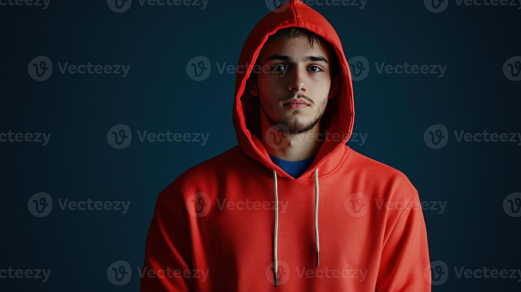Young man wearing an orange hoodie stands against a dark blue backdrop with a serious expression, captured indoors photo