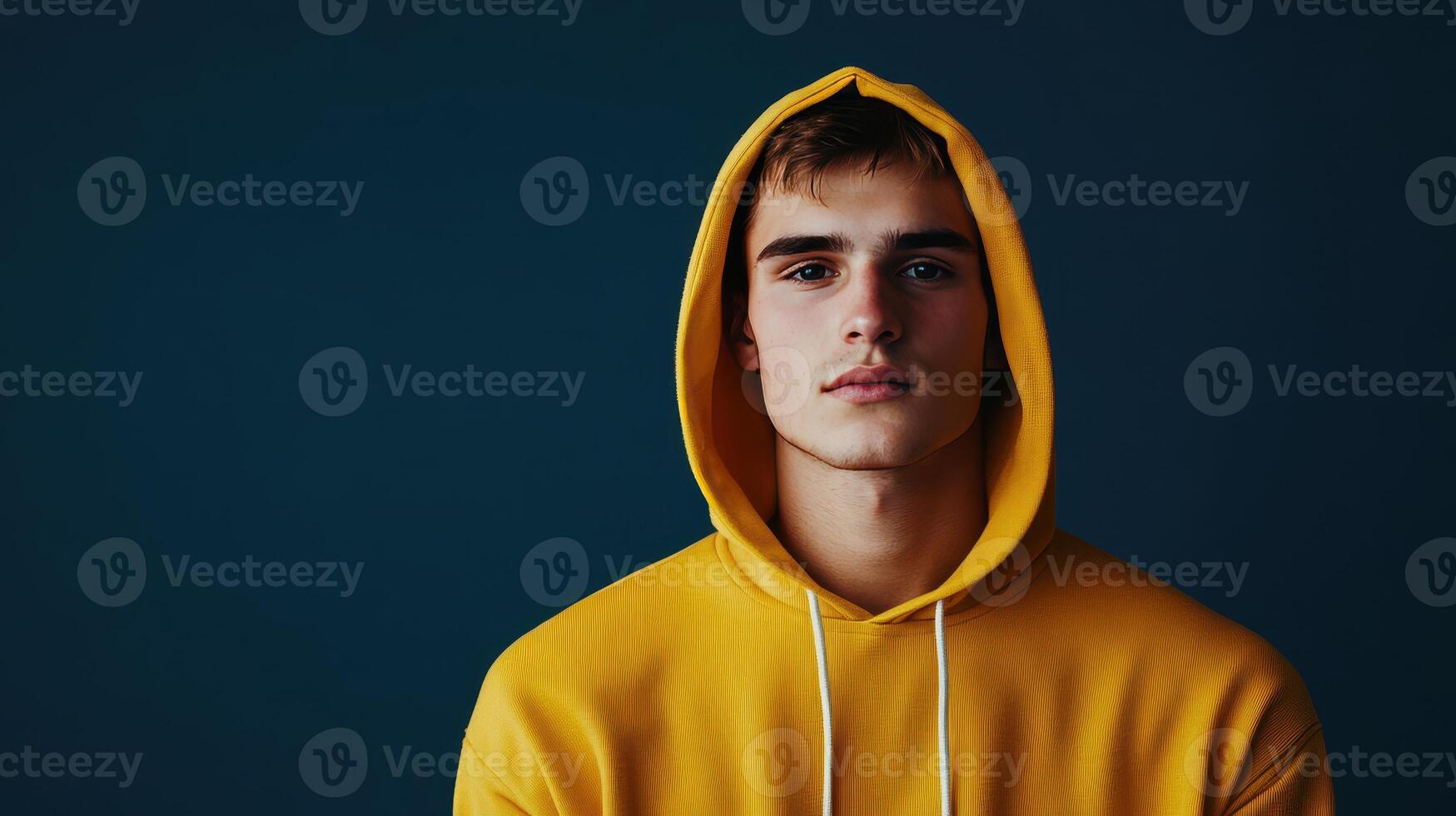 Young man wearing a yellow hoodie poses in front of a dark blue background, showcasing a casual style and confident expression photo