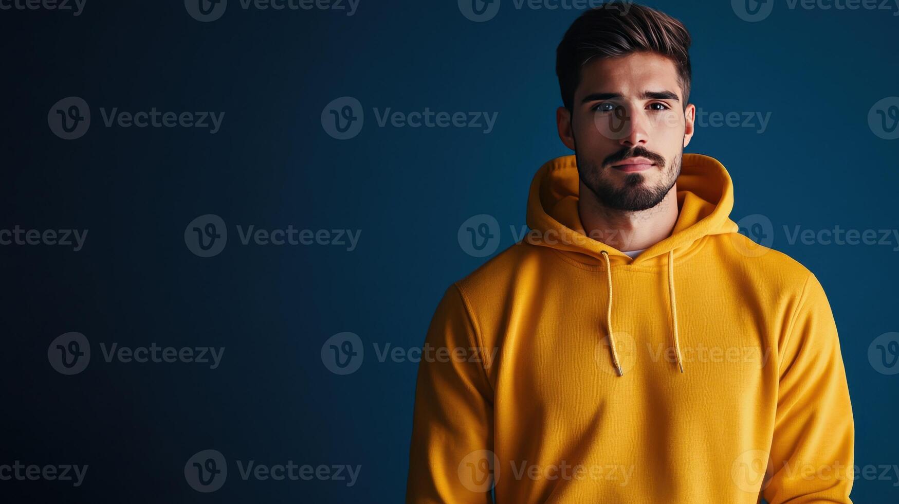 Young man in a yellow hoodie poses against a dark blue background in a studio setting during afternoon light photo