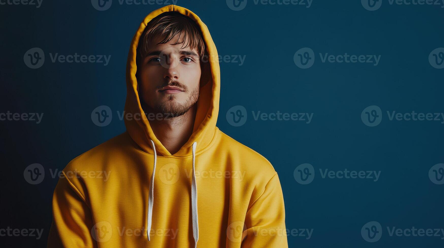 Young man wearing a yellow hoodie poses against a blue background with a contemplative expression photo