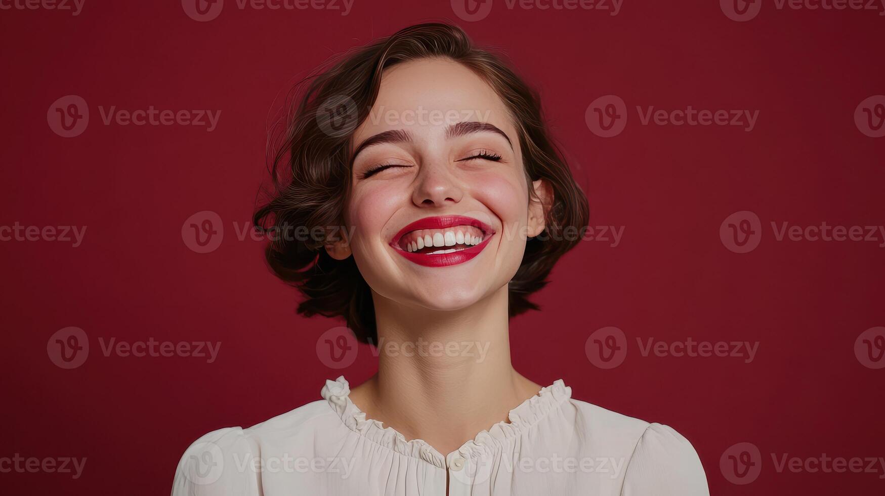 A woman with curly hair smiles joyfully against a deep red background, showcasing her bright red lipstick and stylish attire photo