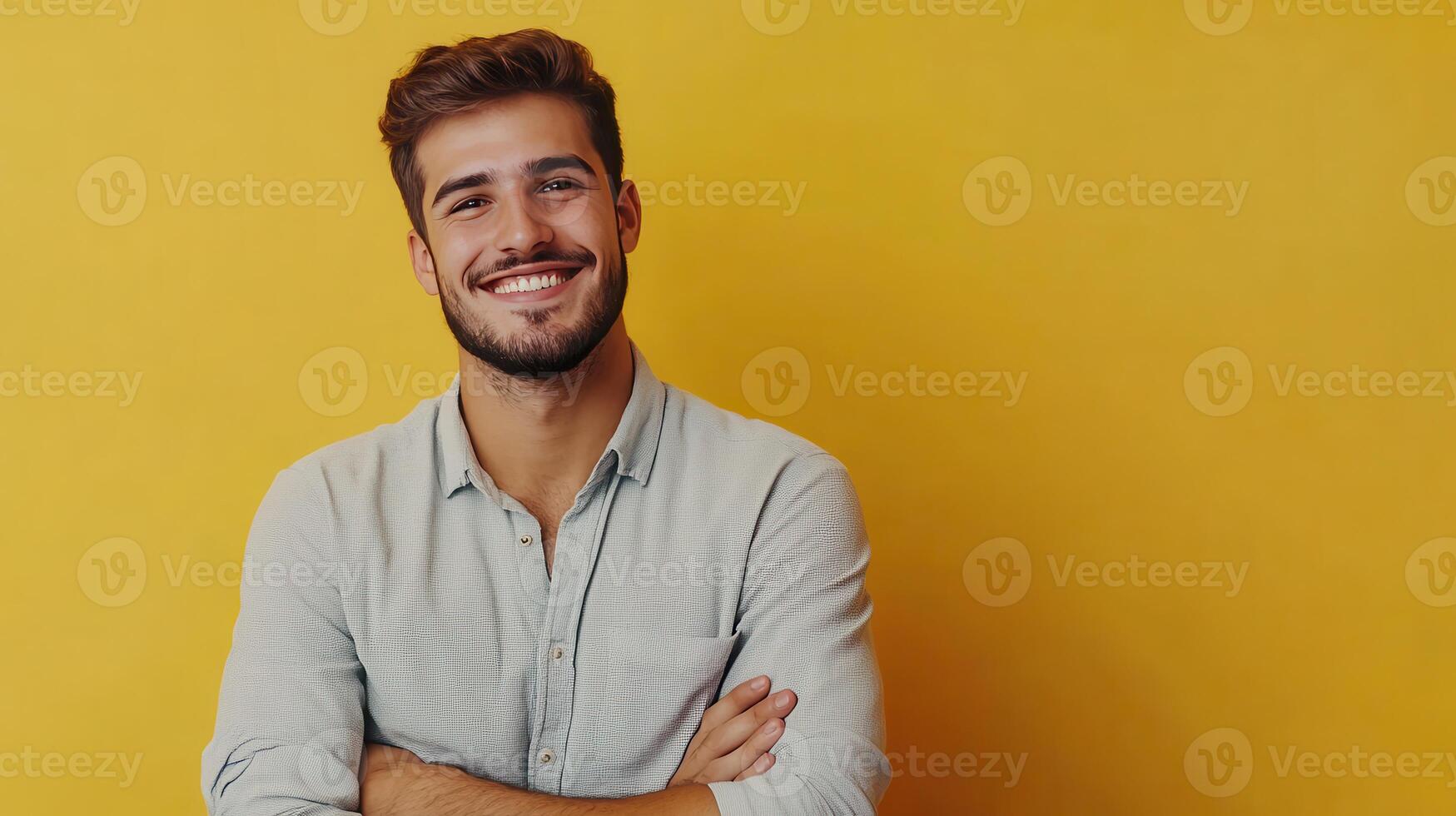 Young man smiling confidently against a bright yellow wall in a casual setting photo