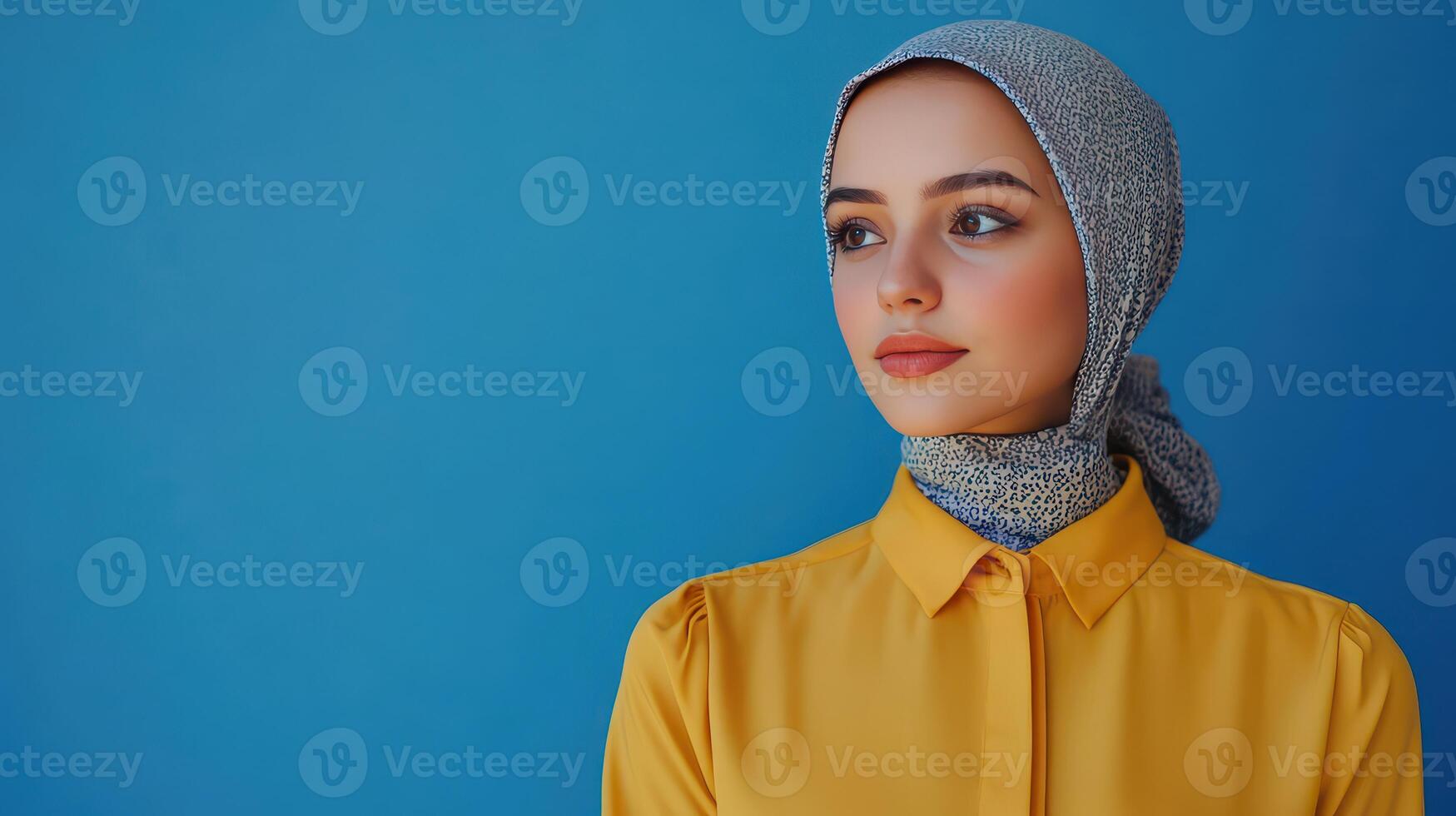 Young woman in a yellow blouse and gray hijab poses thoughtfully against a solid blue background during daylight photo