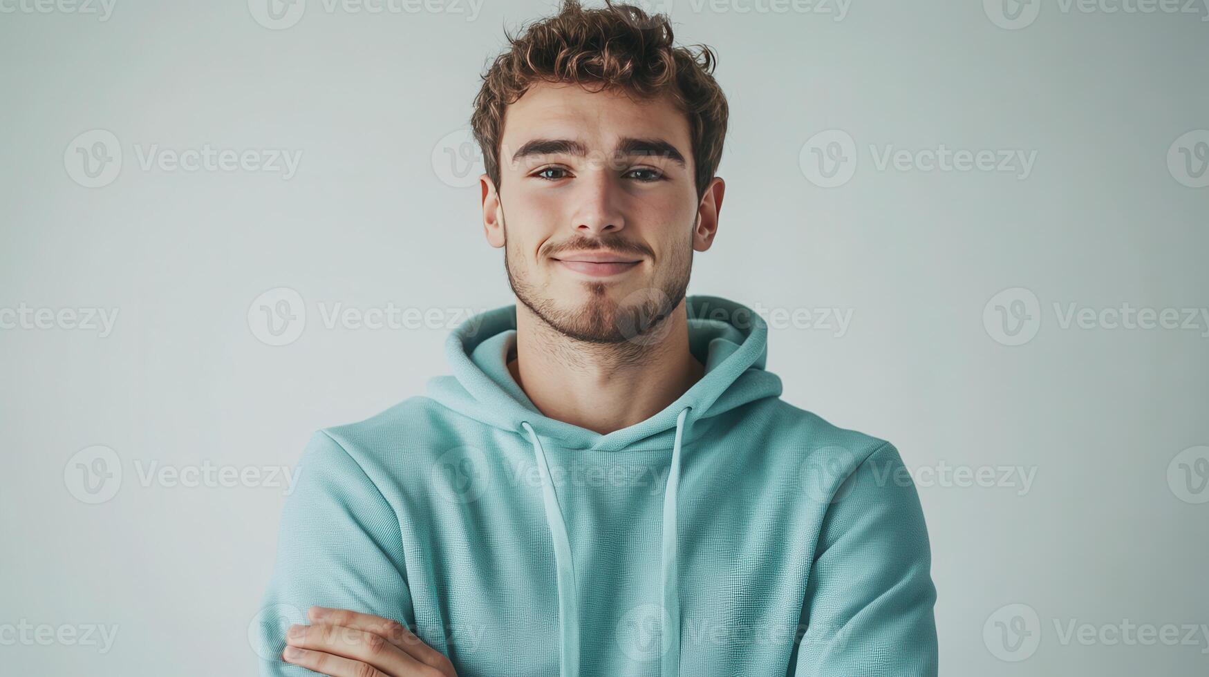 Young man smiling confidently in a light blue hoodie against a plain backdrop photo