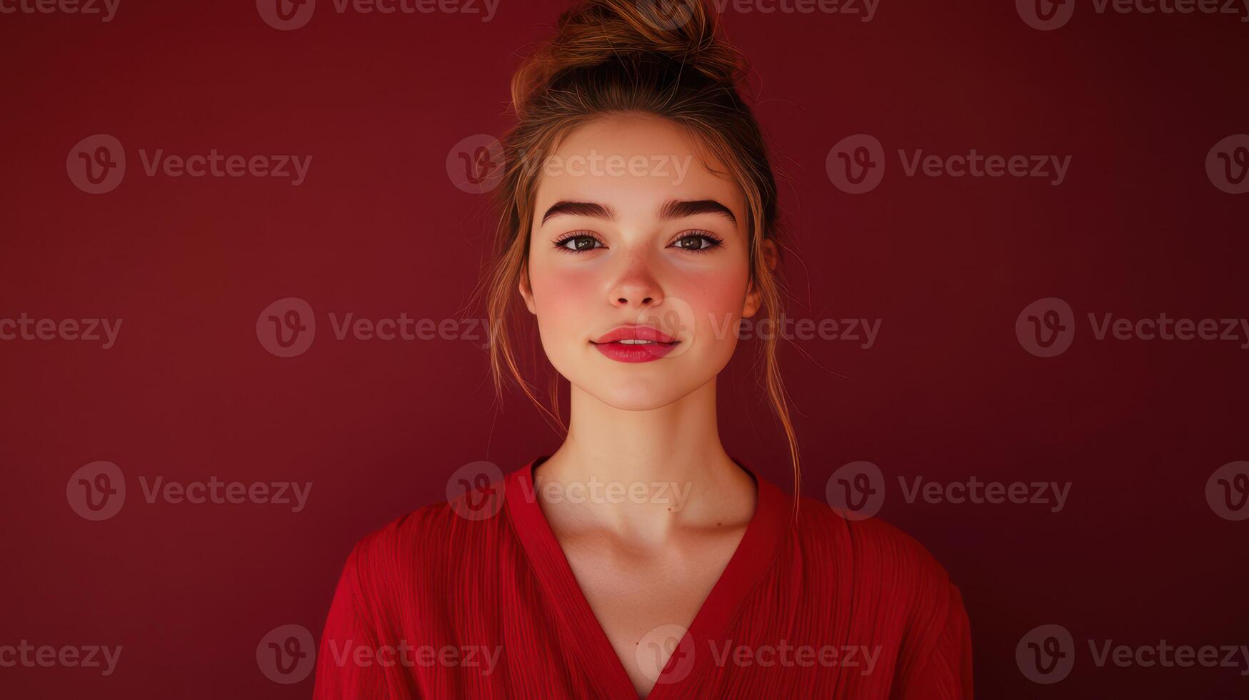 Young woman with a bun hairstyle in a red top poses against a deep red background during daylight photo