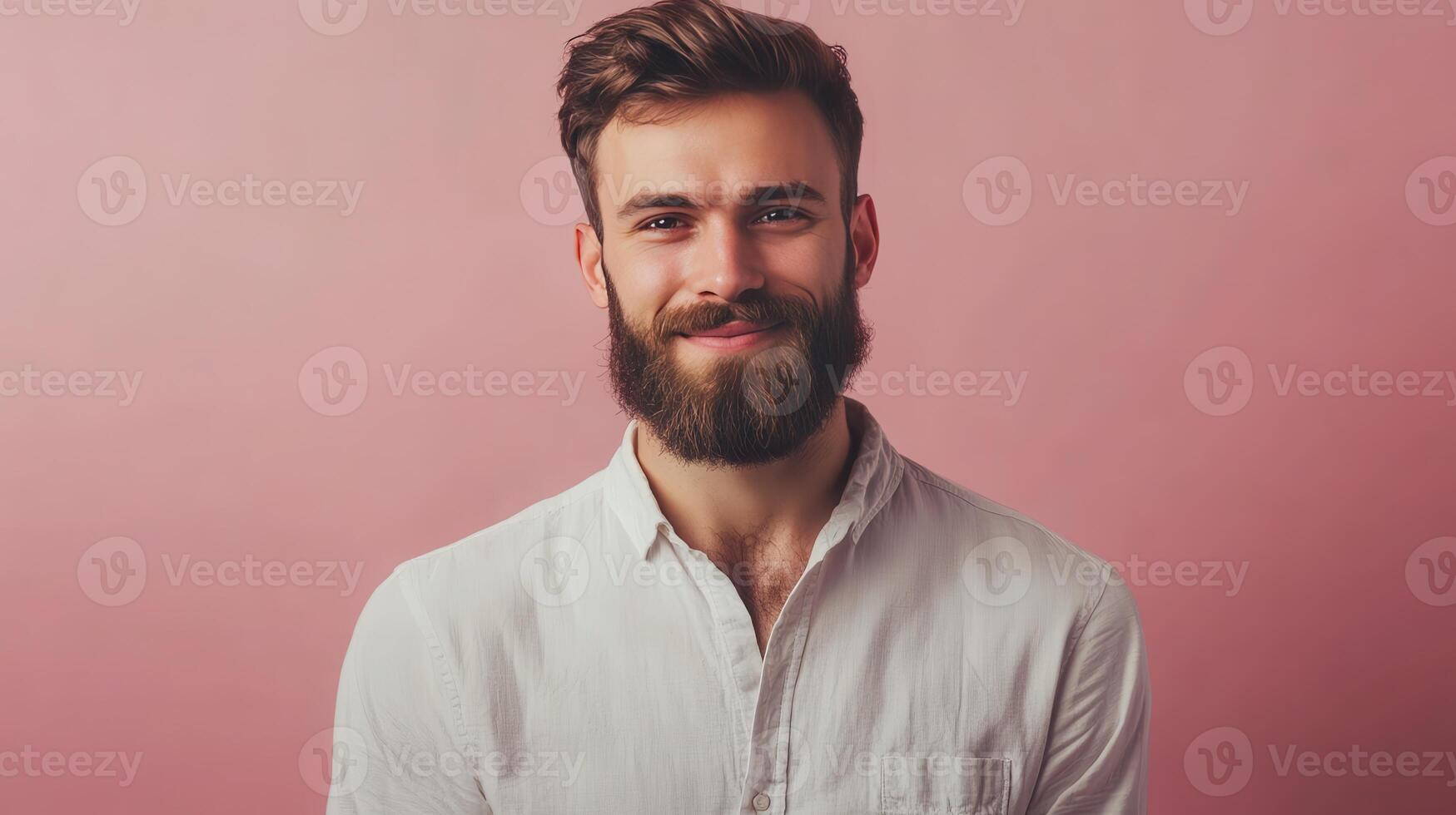 Young man with a beard smiles in front of a pink background during daylight photo