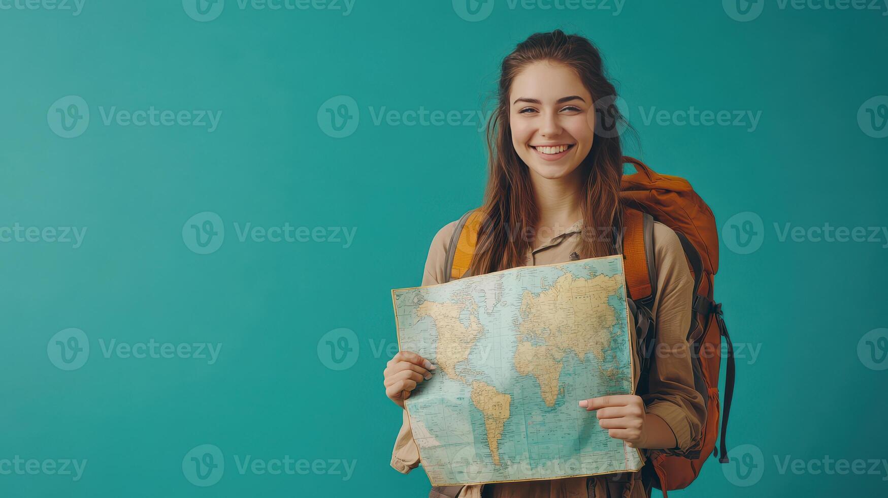 Young woman with a backpack holding a world map against a turquoise background, ready for her next adventure photo