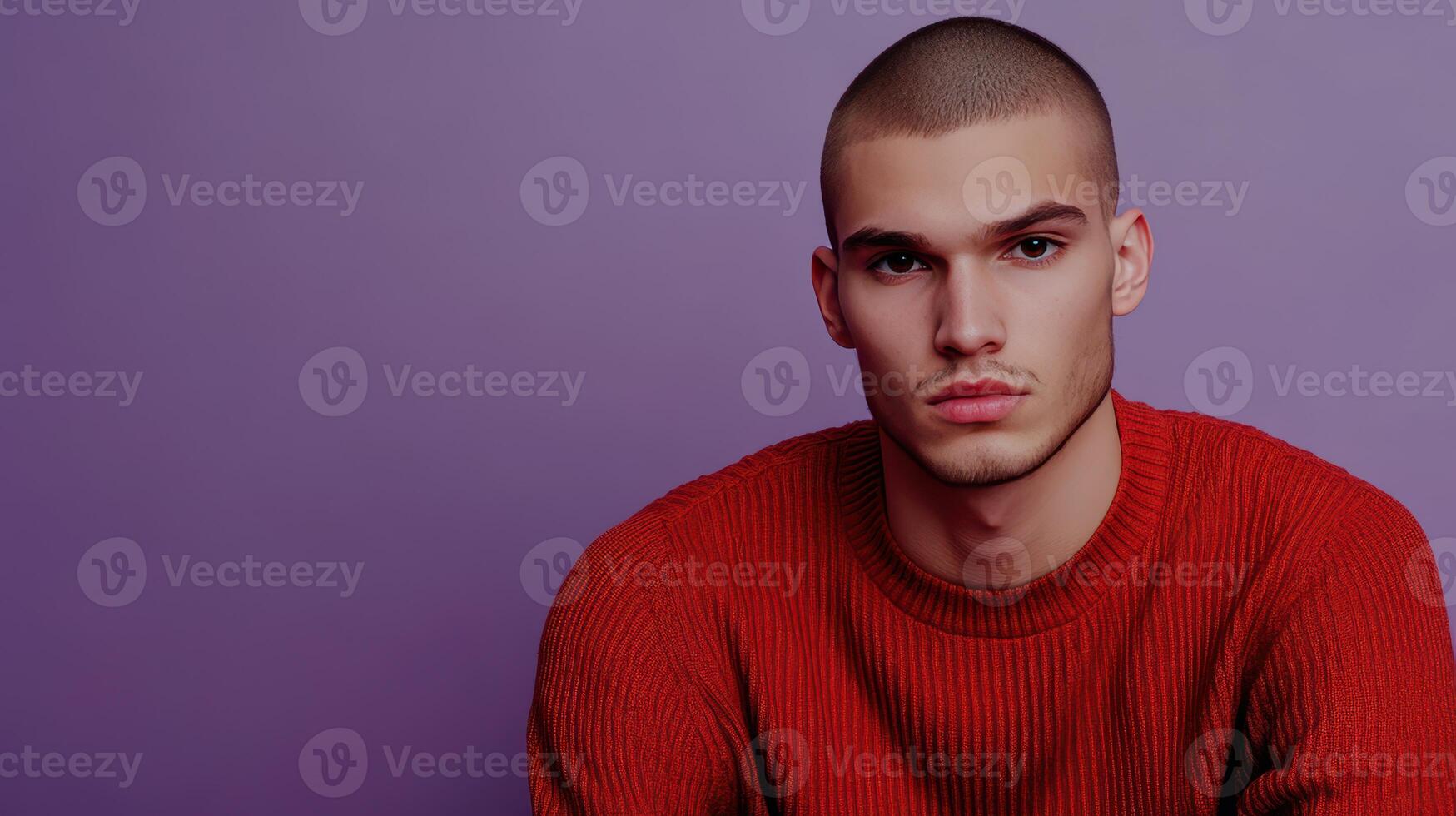 Young man posing in a red sweater against a purple background indoors photo
