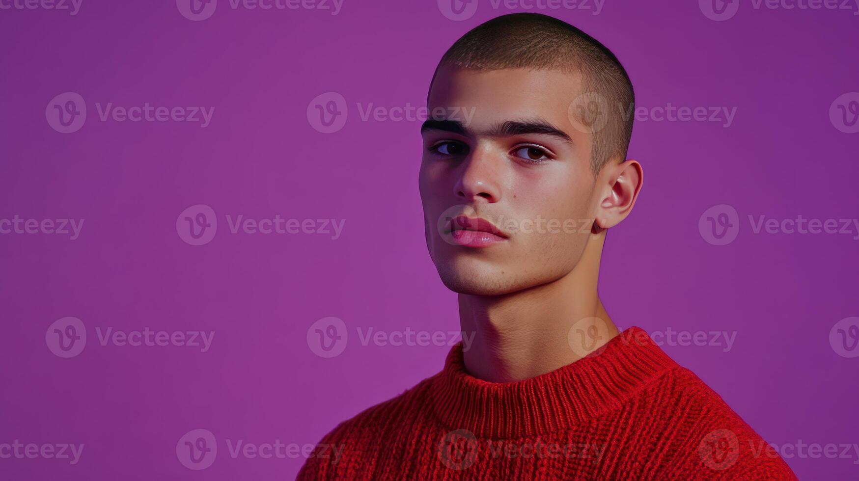 A young man poses confidently in a vibrant red sweater against a purple backdrop, capturing a striking contrast and contemporary style photo