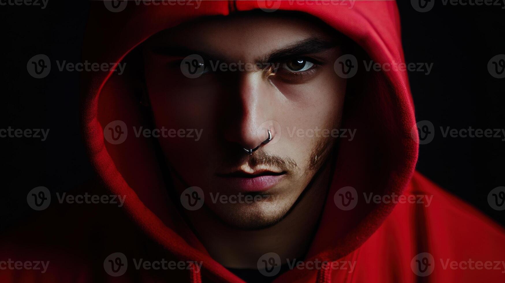 Young man wearing a red hoodie with an intense gaze and a nose piercing against a dark background photo