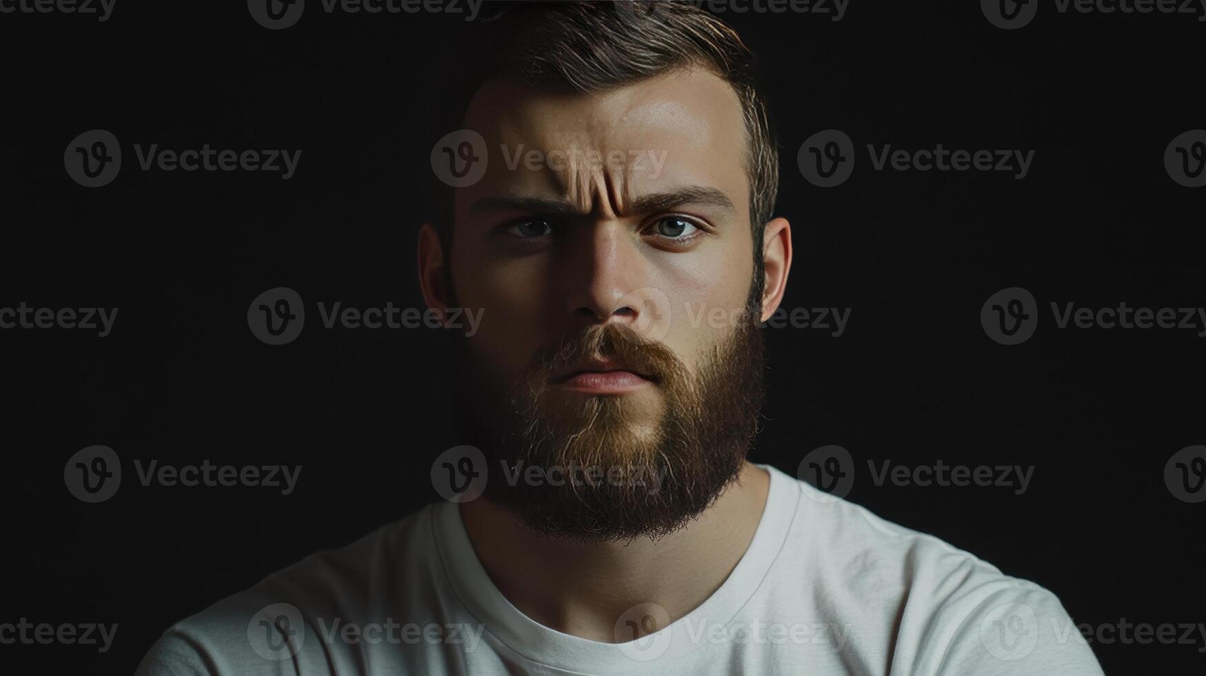 A serious man with a beard poses against a dark background, showcasing strong facial features and an intense expression photo