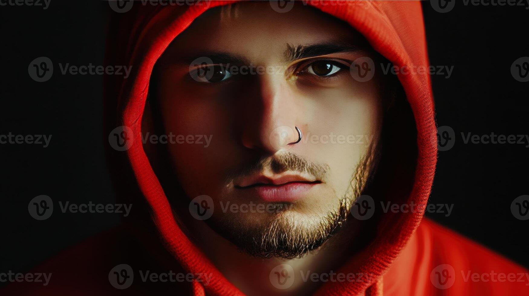 Young man wearing a red hoodie with a serious expression against a dark background, showcasing intensity and emotion photo