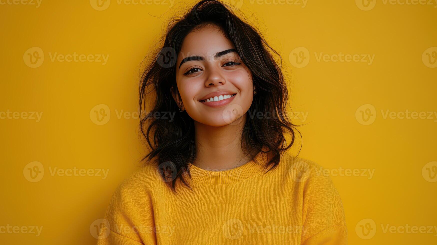 Cheerful young woman with dark hair smiling in front of a bright yellow background, showcasing joy and positivity in a portrait setting photo