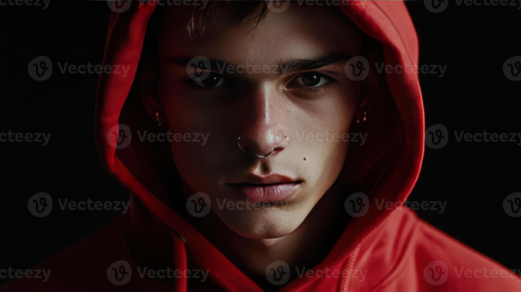 Portrait of a young man wearing a red hoodie in low light, showcasing intense expression and urban style photo