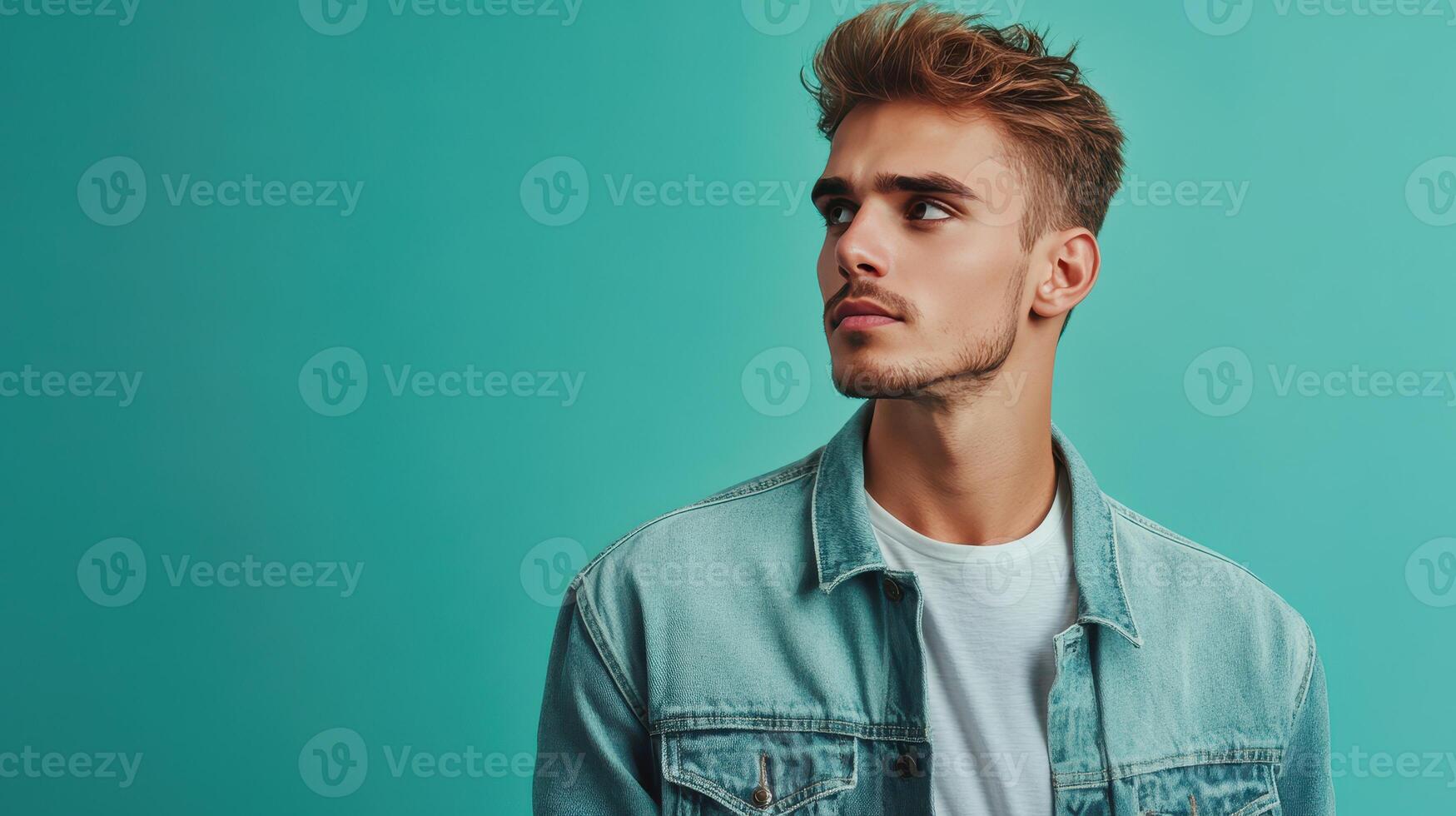 Young man in denim jacket posing against a teal background while looking to the side in a casual, relaxed manner photo